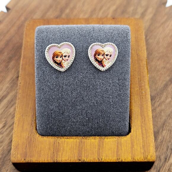 Disney Jewelry - Disney Frozen Ana And Elsa Stud Earrings Silver Tone Heart Shape Cartoon Picture